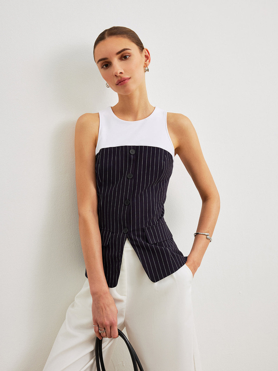 Pinstripe Button Detail Top With Decor Pockets