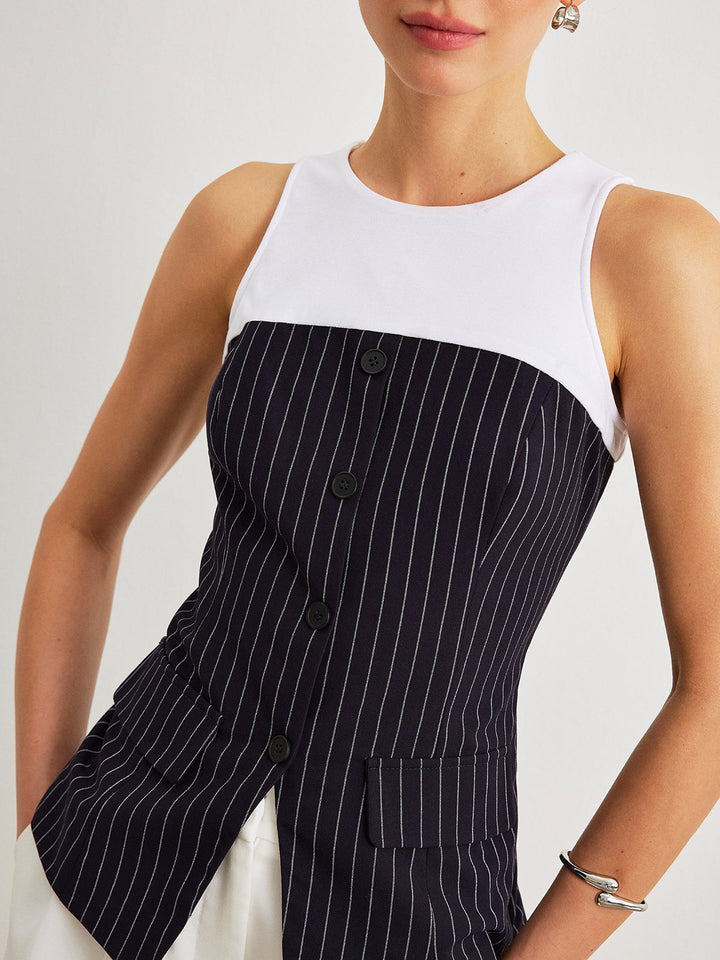 Pinstripe Button Detail Top With Decor Pockets