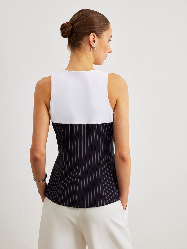 Pinstripe Button Detail Top With Decor Pockets