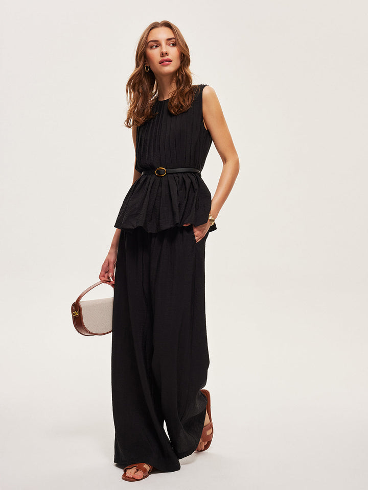 Peplum Top Wide-Leg Pants Set With Belt