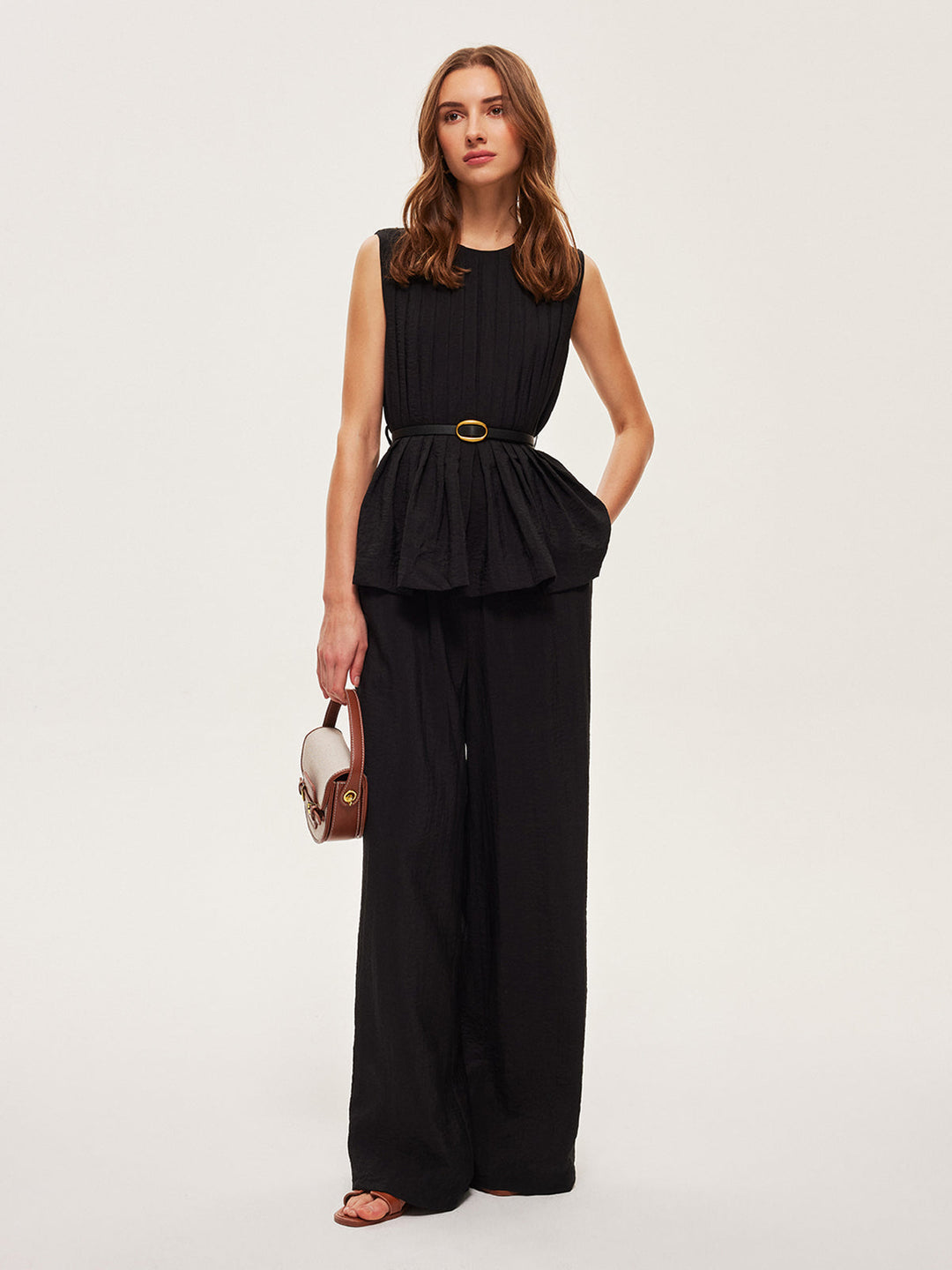 Peplum Top Wide-Leg Pants Set With Belt