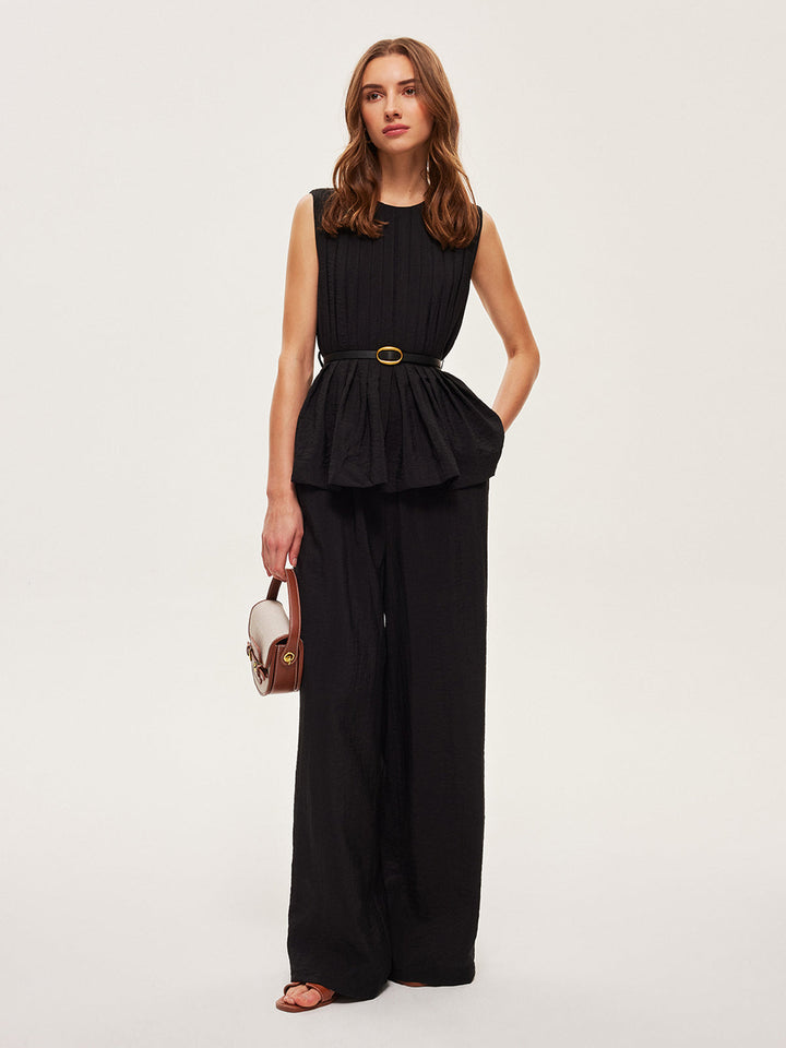 Peplum Top Wide-Leg Pants Set With Belt