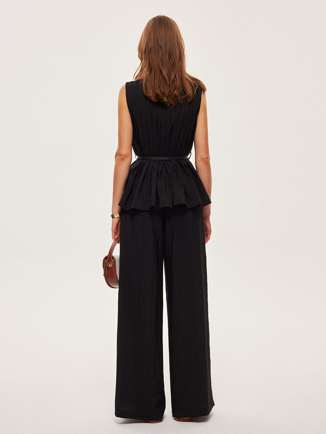 Peplum Top Wide-Leg Pants Set With Belt