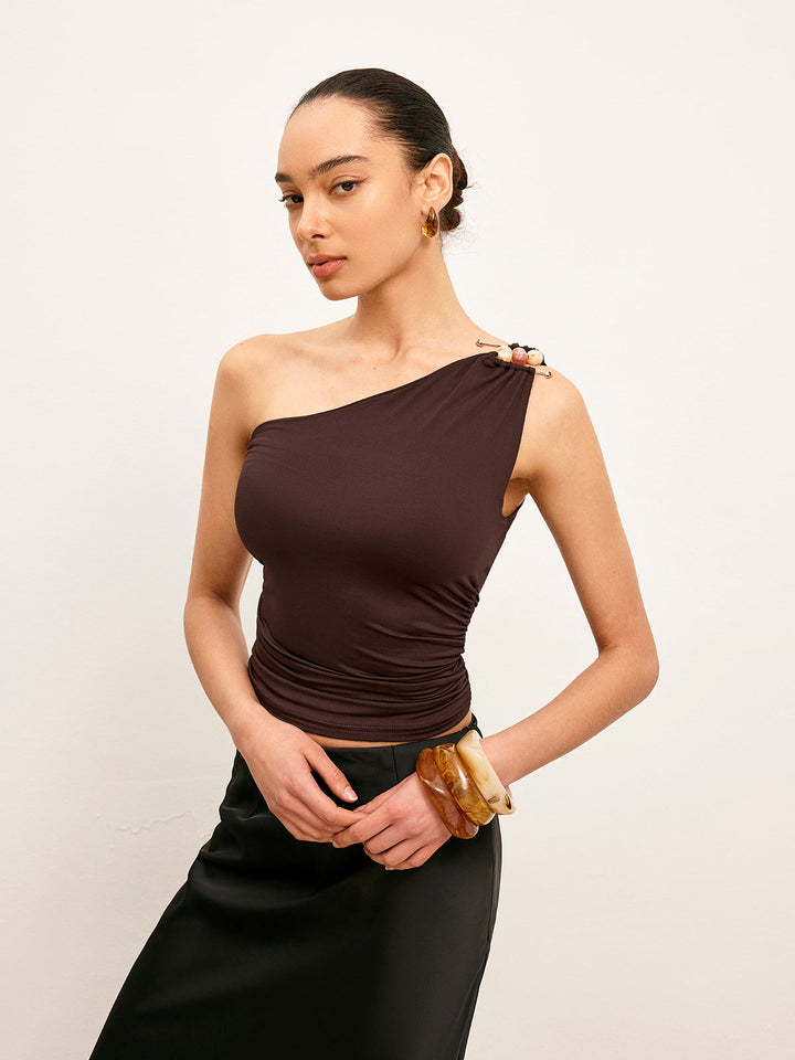 One-Shoulder Metal Detail Ruched Top