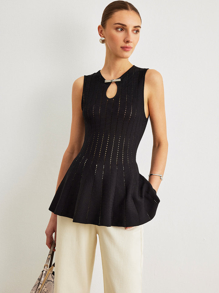 Semi-Sheer Knit Peplum Top With Bow Detail