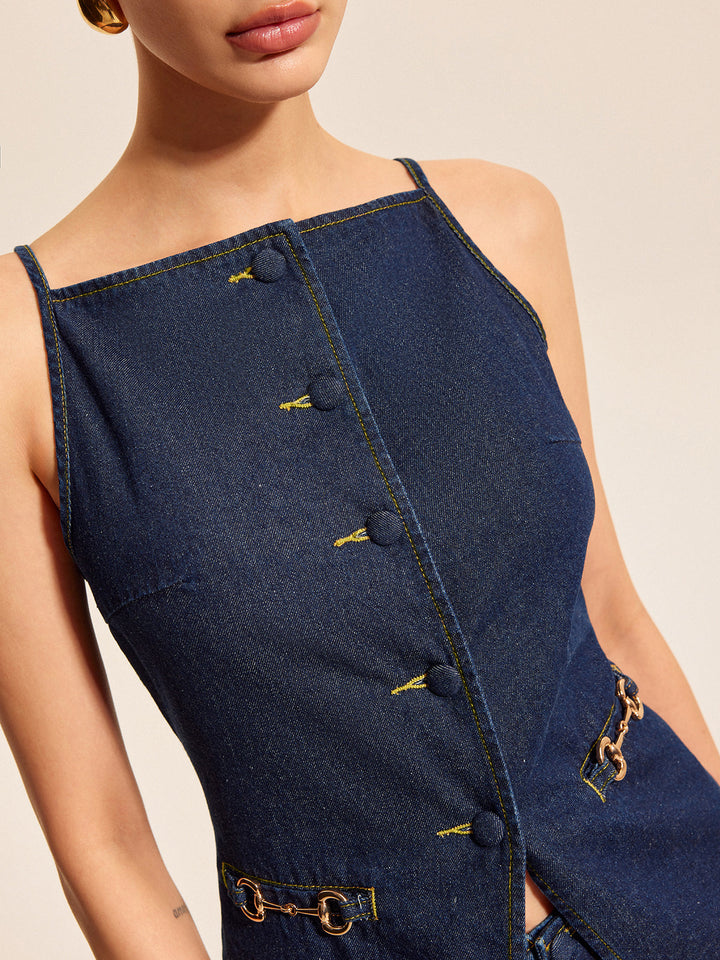 Button Detail Denim Shorts Set With Buckle Accents