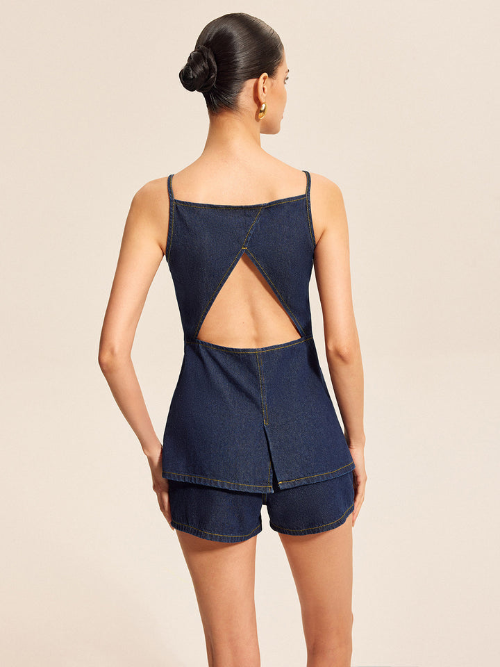 Button Detail Denim Shorts Set With Buckle Accents