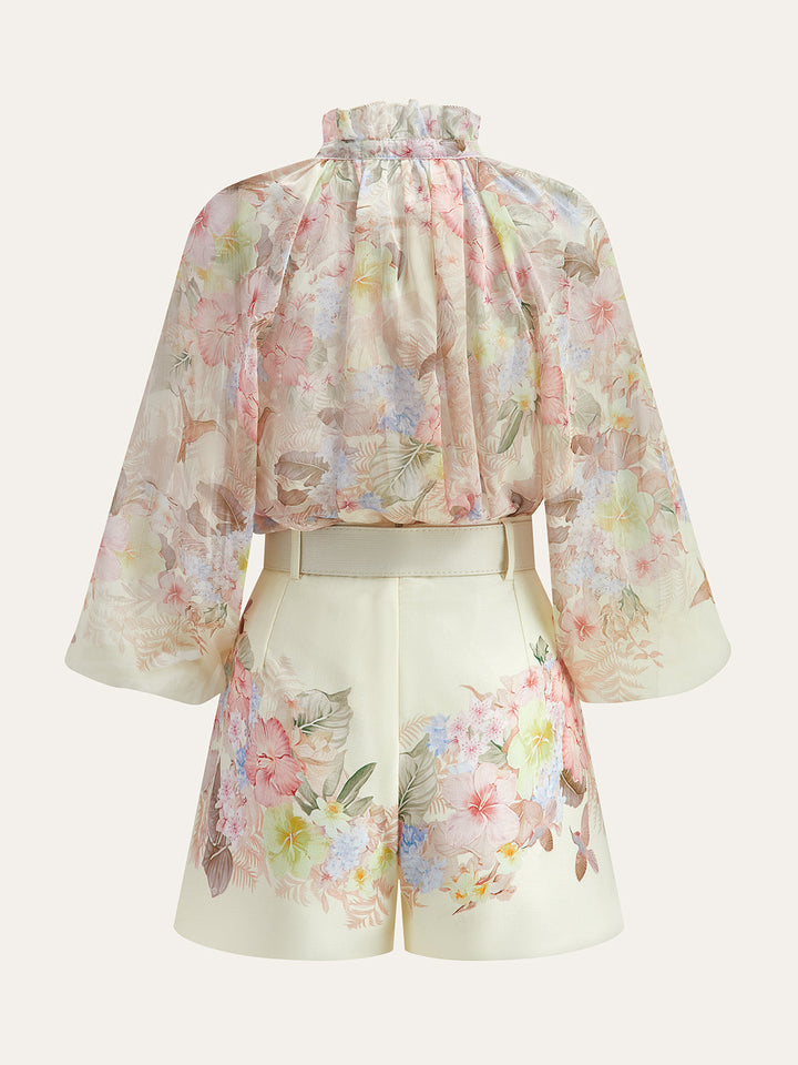 Floral Print Three-Piece Shorts Set With Belt