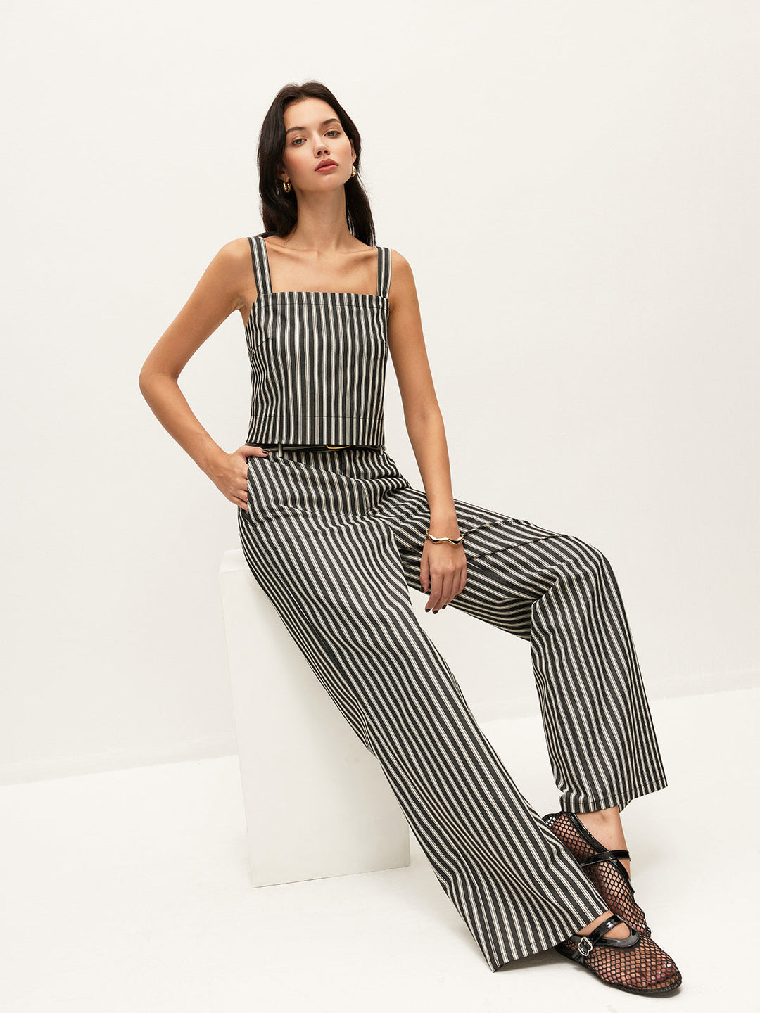 Square-Neck Pinstripe Sleeveless Top