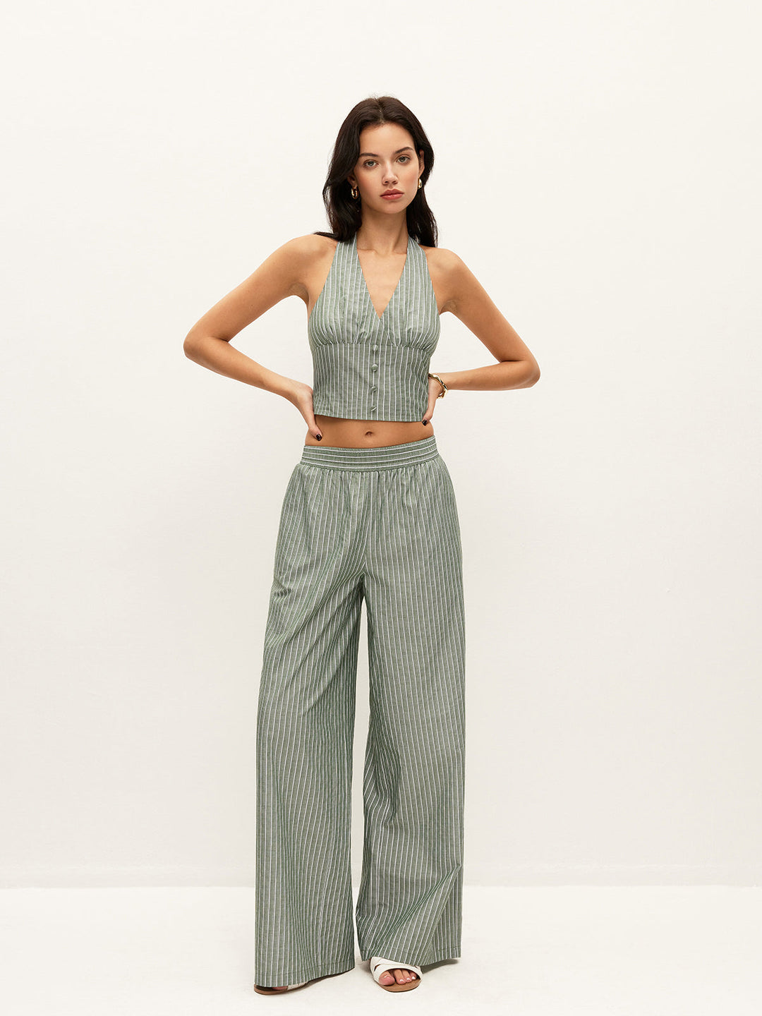 Striped Button-Detail Halter Top With Pants Set