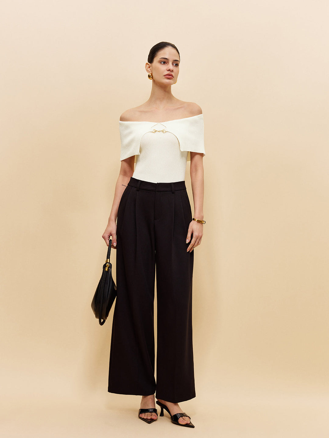 Off-Shoulder Chain Detail Ribbed Knit Top