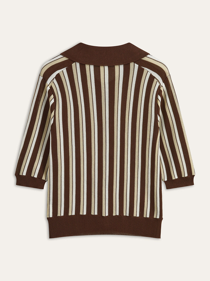 Striped Button-Down Knit Top