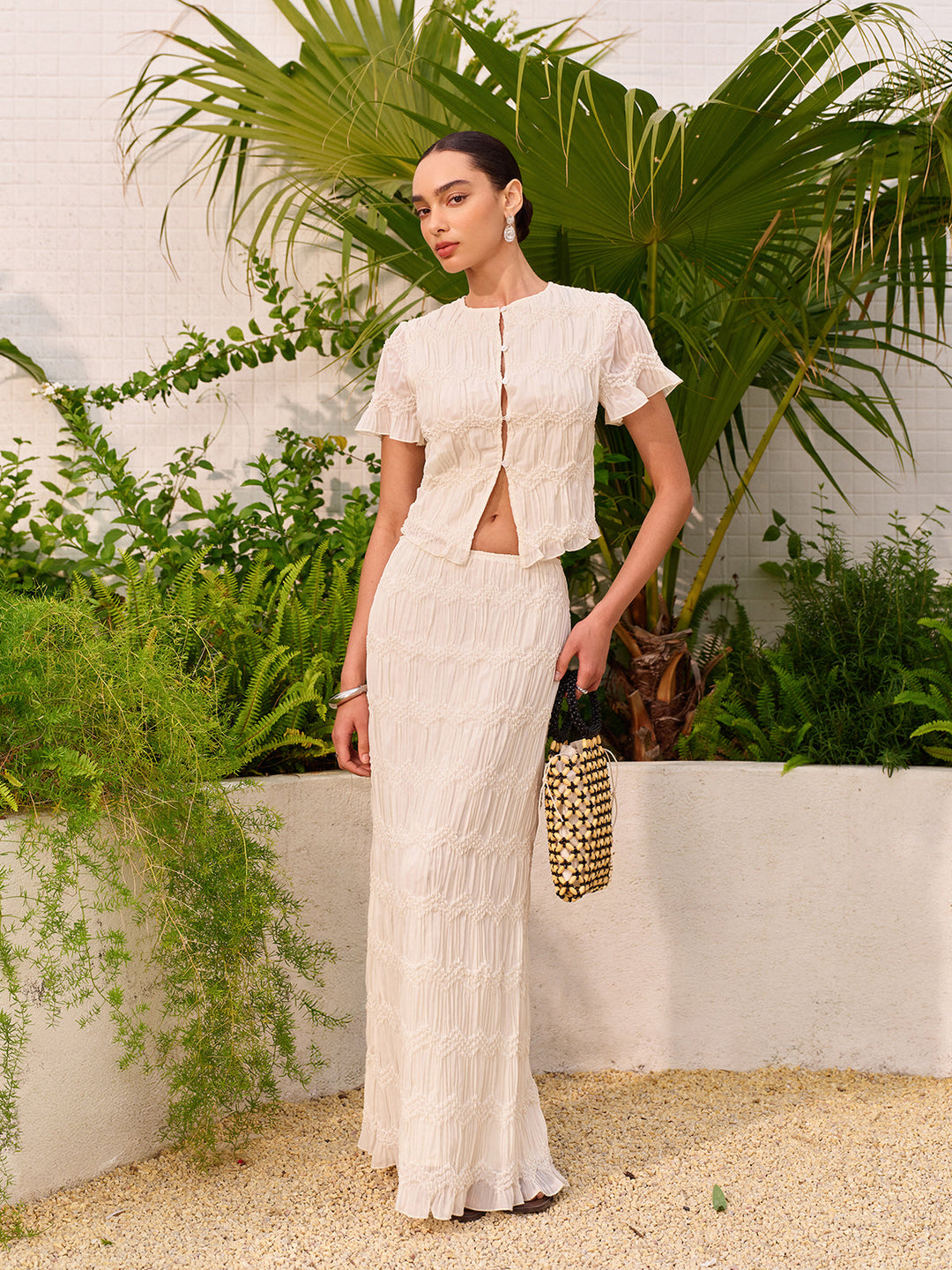 Short Sleeve Buttoned Crop Top With Skirt Set