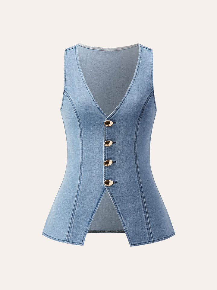 Metal Button Tie-Back Denim V-Neck Shorts Set