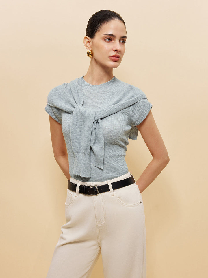 Wool-Blend Ribbed Knit Top With Tied Shawl Detail