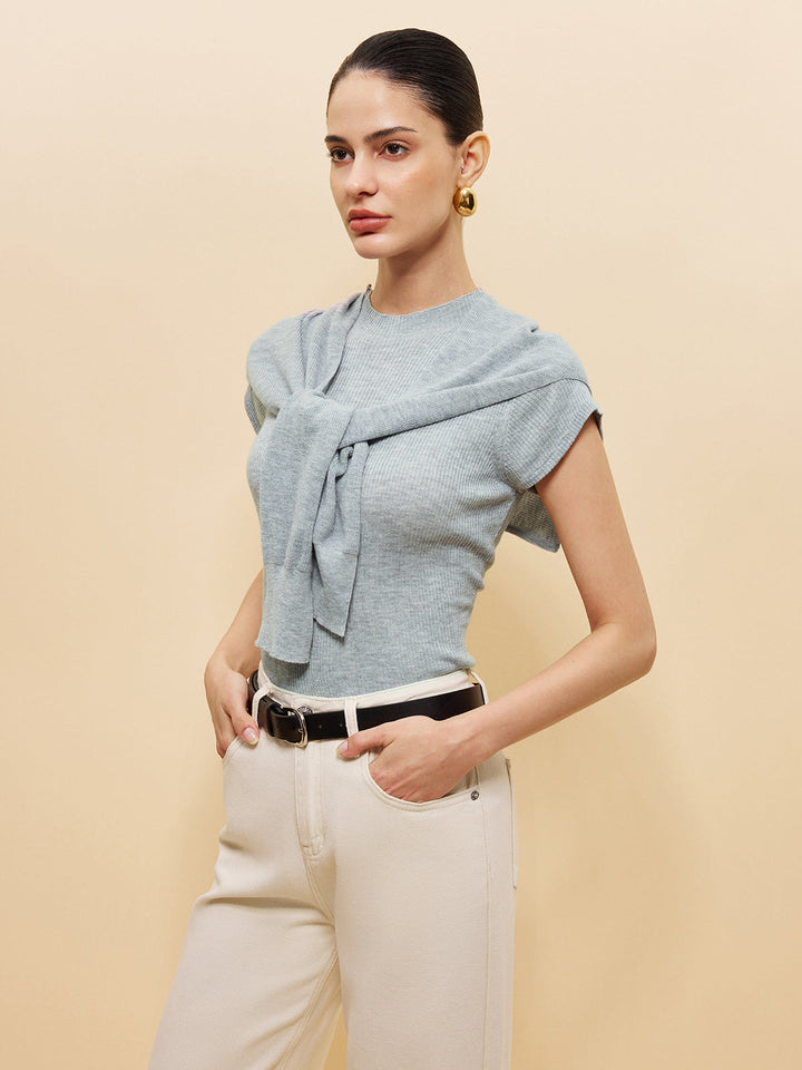 Wool-Blend Ribbed Knit Top With Tied Shawl Detail
