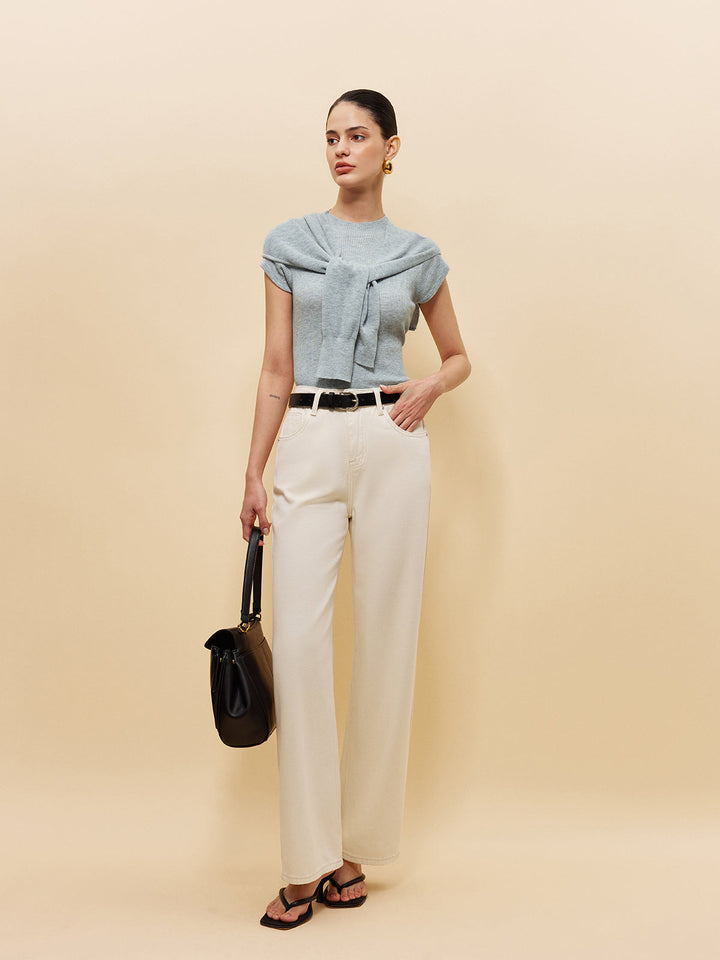 Wool-Blend Ribbed Knit Top With Tied Shawl Detail