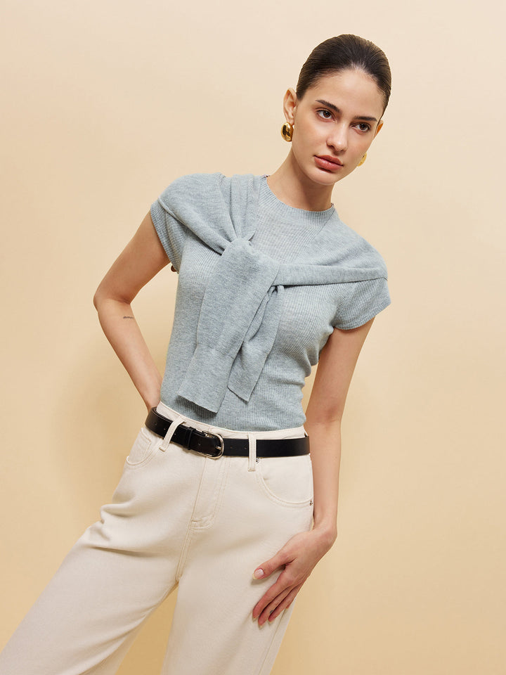 Wool-Blend Ribbed Knit Top With Tied Shawl Detail