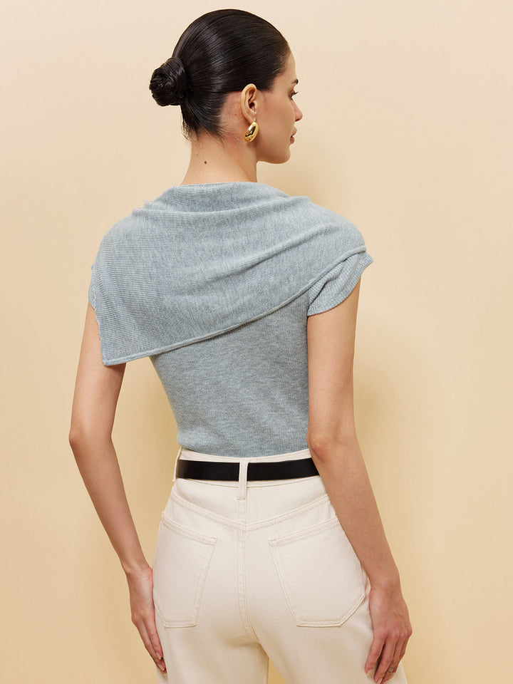 Wool-Blend Ribbed Knit Top With Tied Shawl Detail