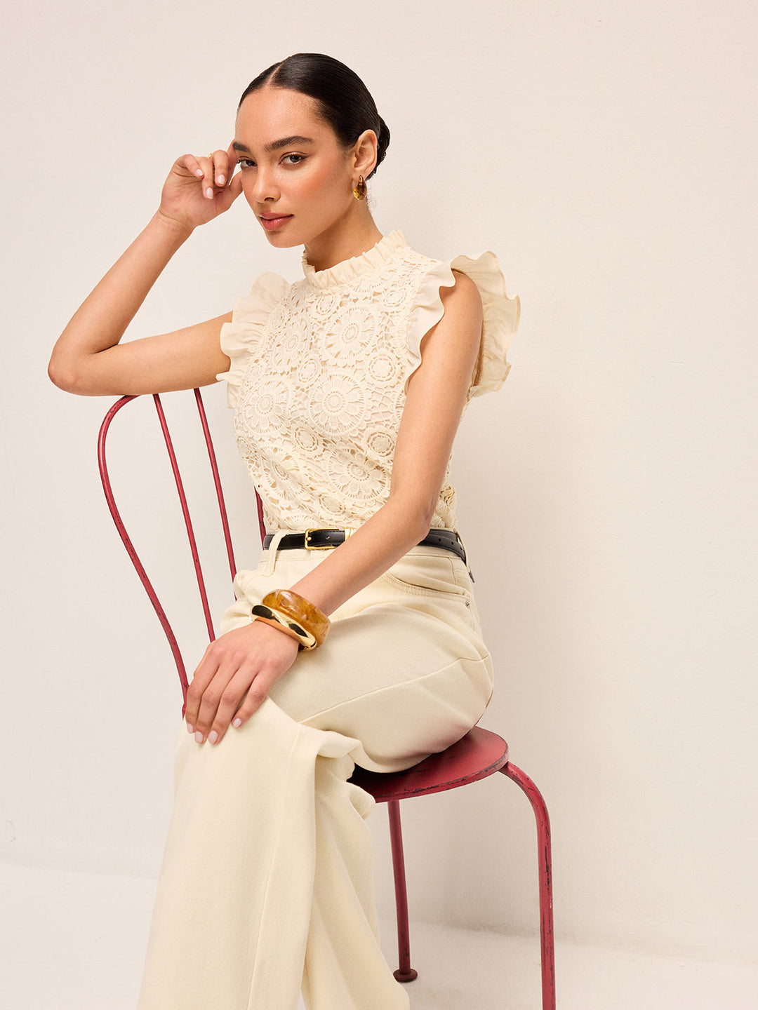 Sleeveless Crochet Lace Top With Ruffle Trim