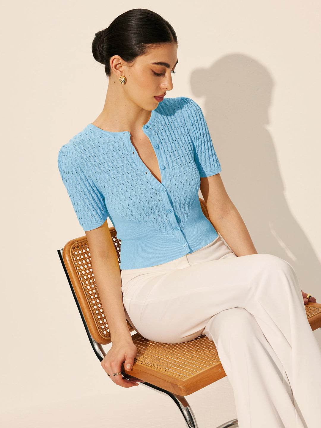 Hollow Knit Buttoned Top