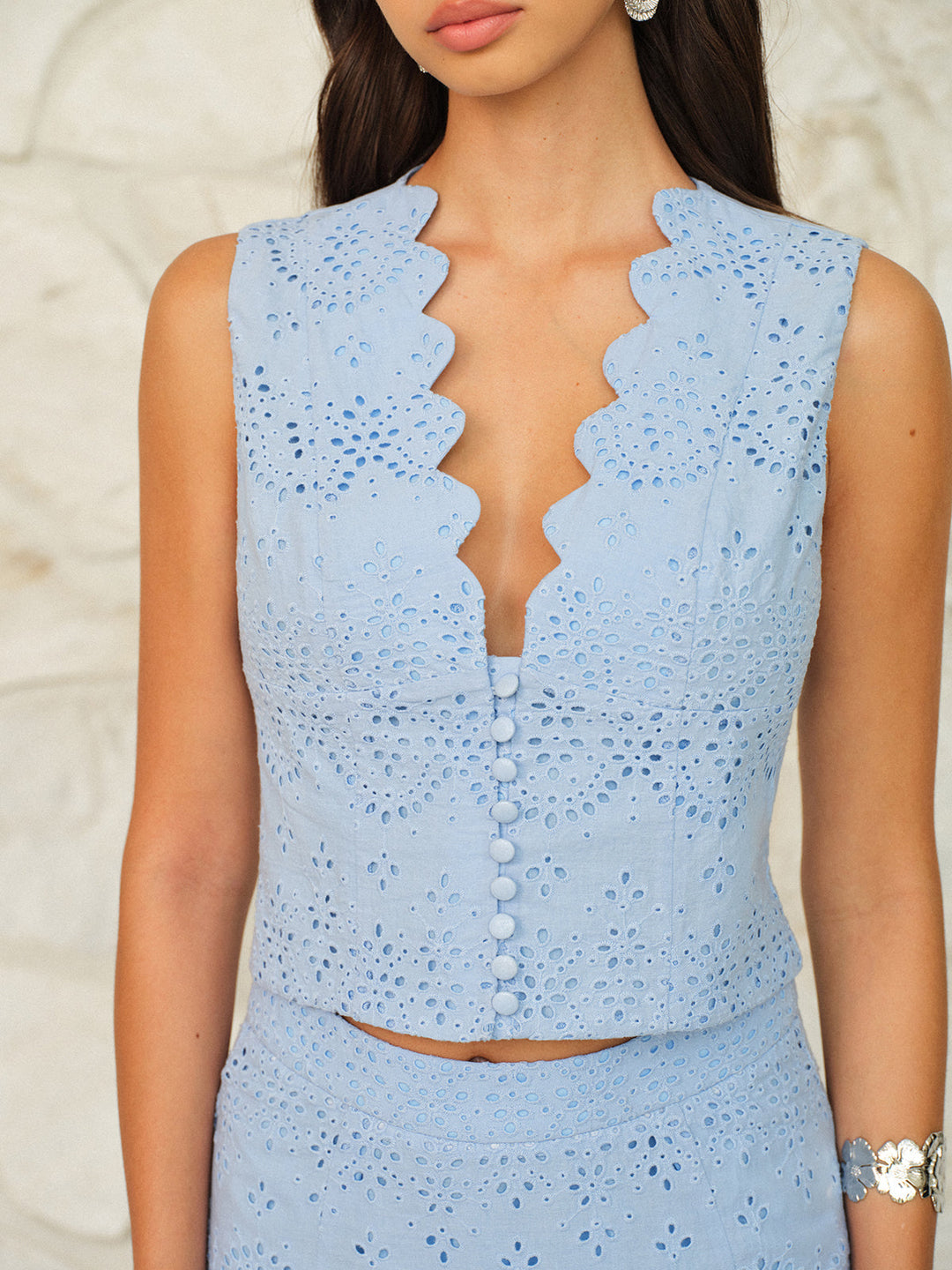 Scalloped Neckline Button-Front Eyelet Crop Top
