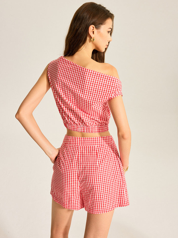 Gingham One-Shoulder Top and Shorts Set