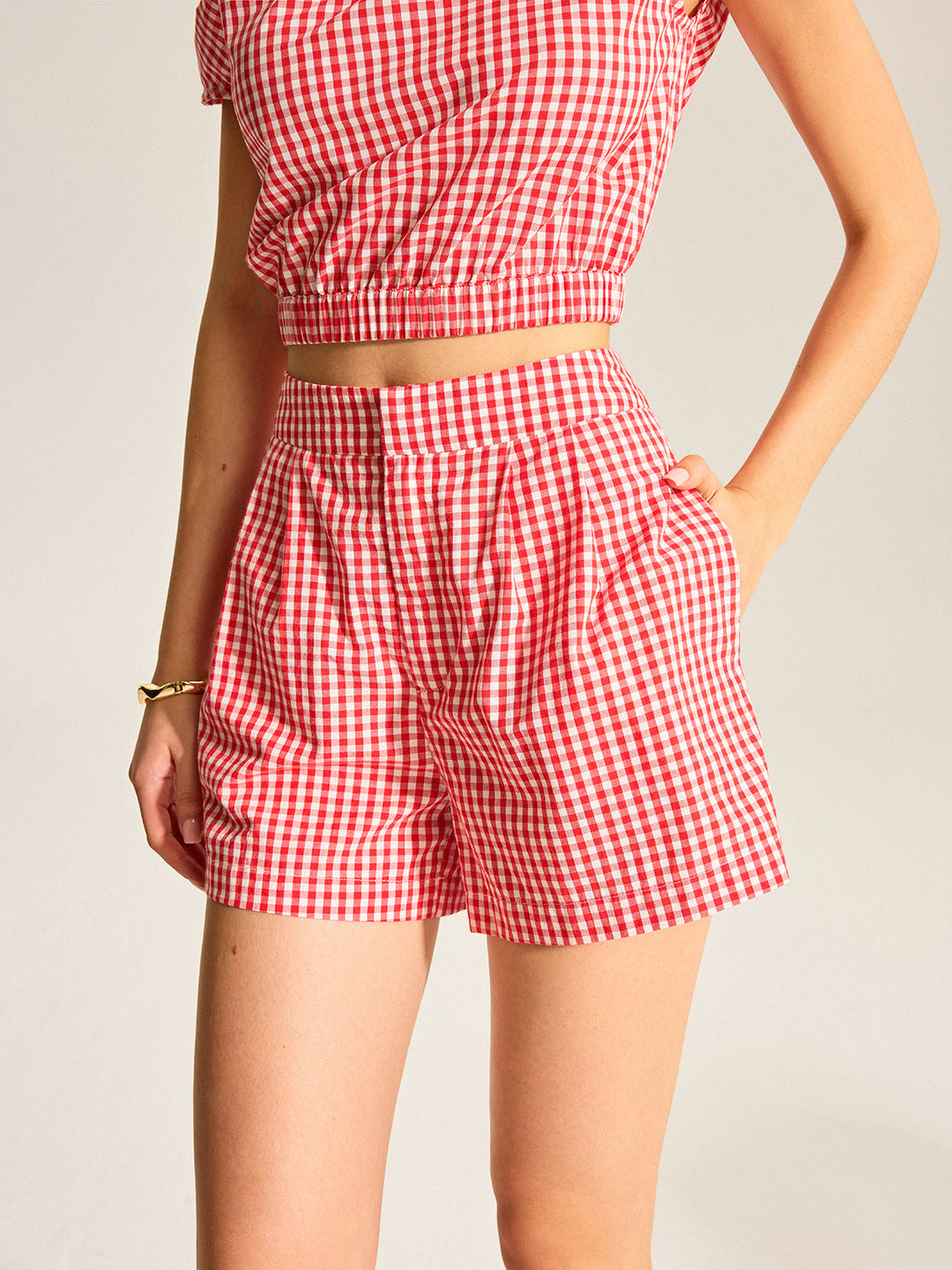 Gingham One-Shoulder Top and Shorts Set