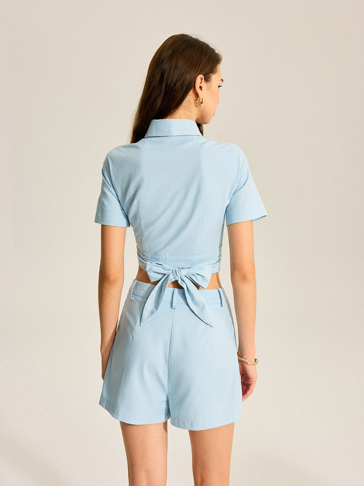 Tie-Front Cropped Shirt and Pocketed Shorts Set
