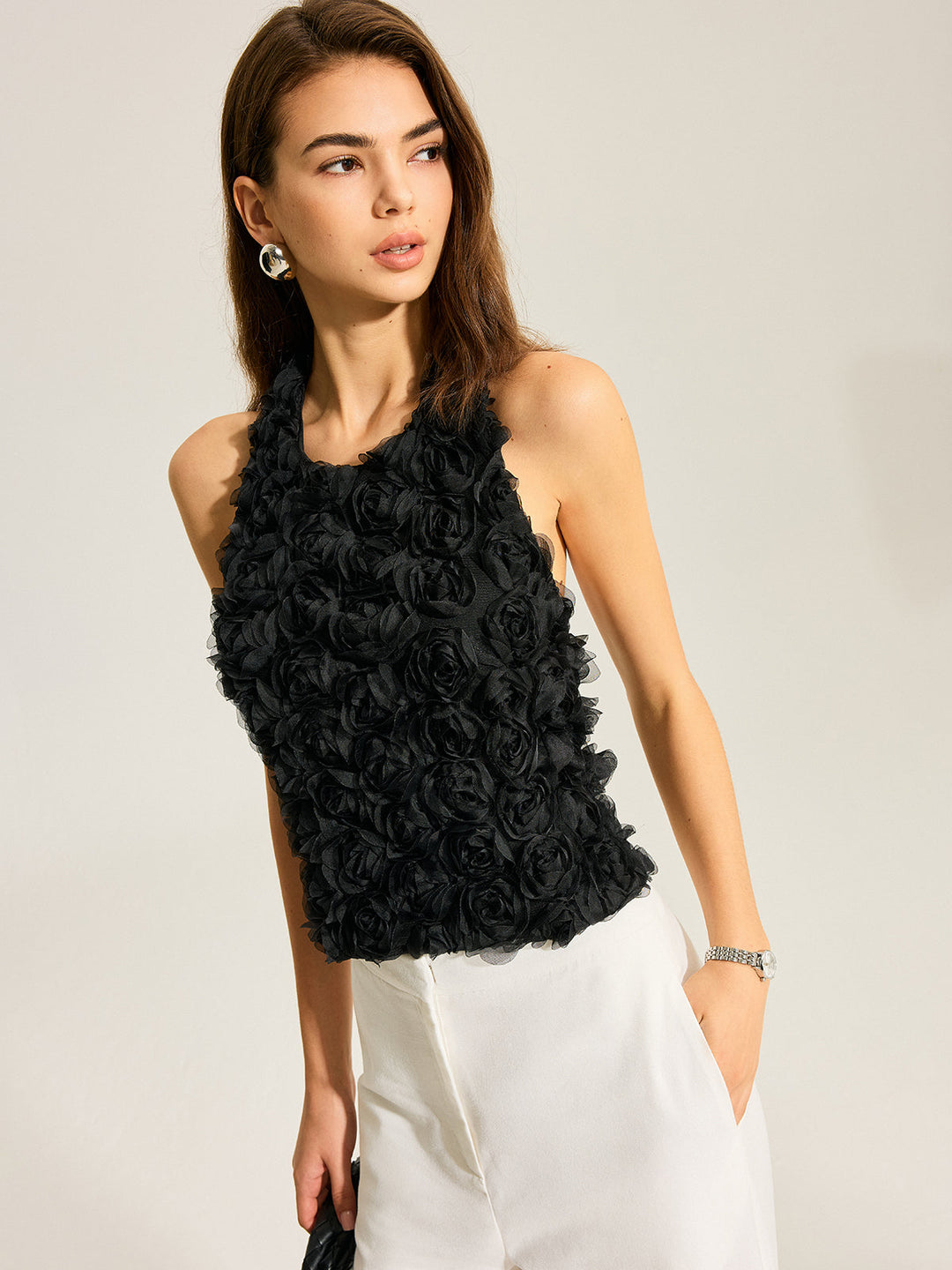 3D Floral Backless Bow Halter Top