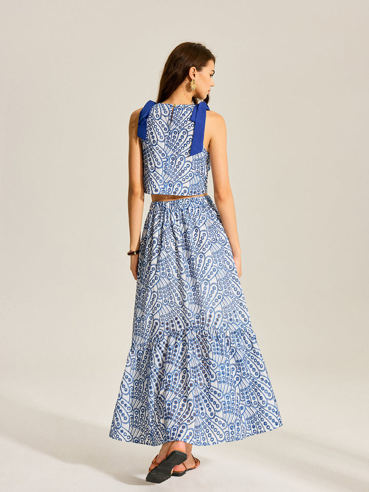 Sleeveless Contrast-Trim Top And Elastic-Waist Maxi Skirt Set