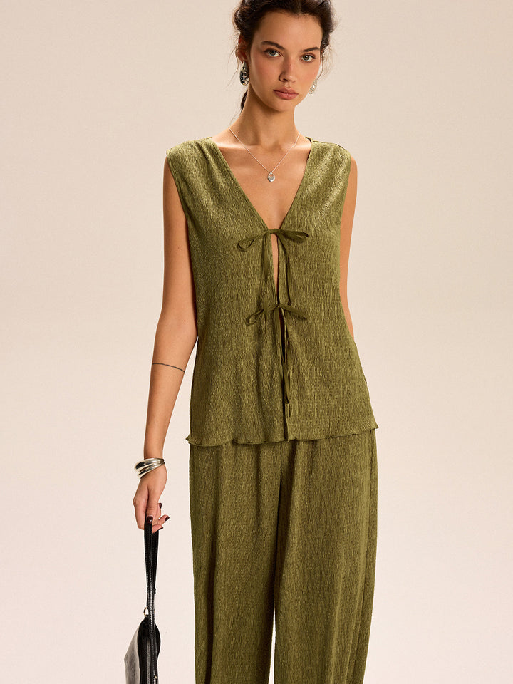 Sleeveless Tie-Front Top and Wide-Leg Pants Set