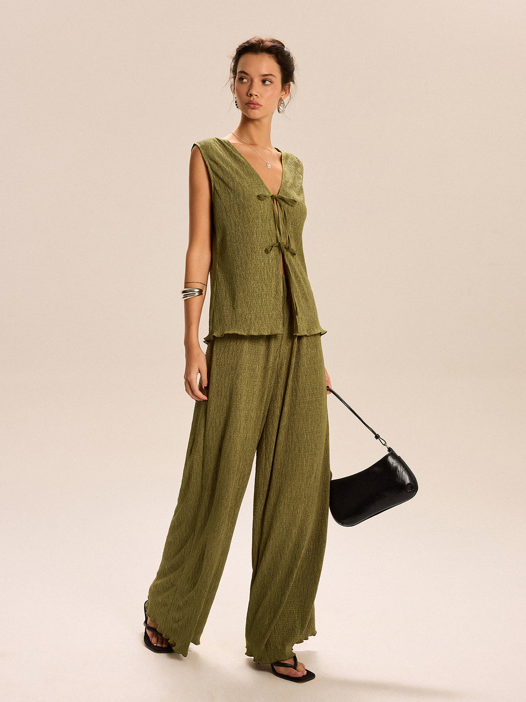 Sleeveless Tie-Front Top and Wide-Leg Pants Set