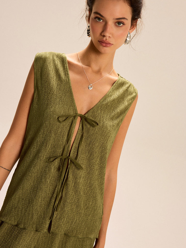 Sleeveless Tie-Front Top and Wide-Leg Pants Set