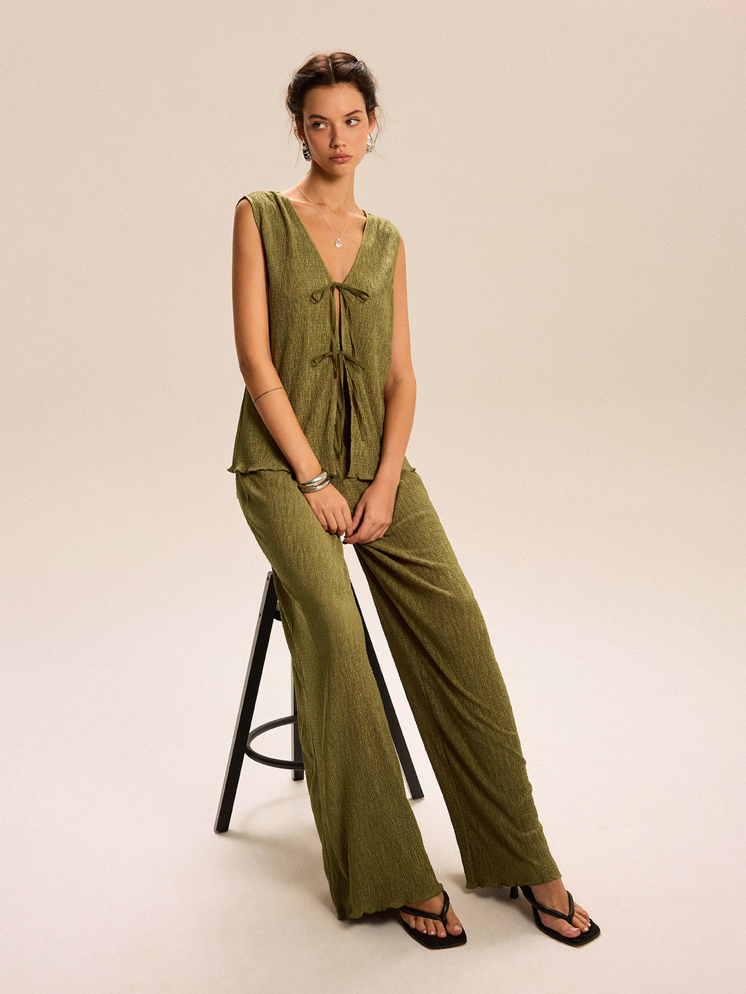 Sleeveless Tie-Front Top and Wide-Leg Pants Set