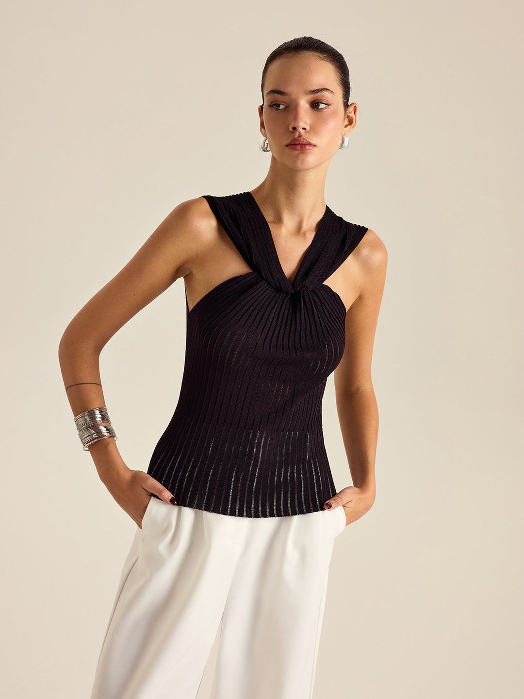 Pleated Knit Twist-Front Top