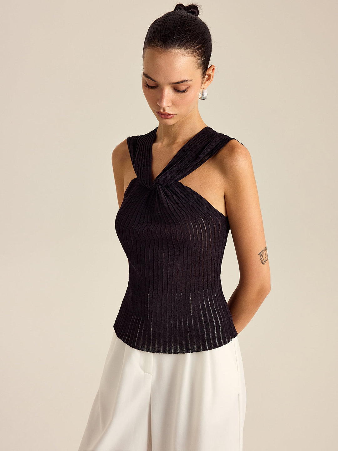 Pleated Knit Twist-Front Top