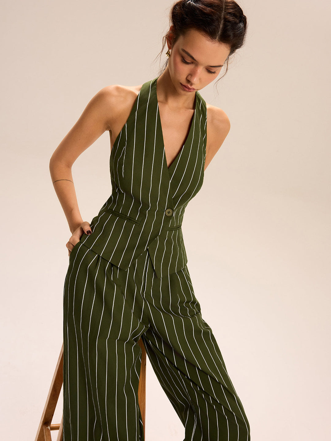 Striped Halter-Neck Vest and Wide-Leg Pants Set