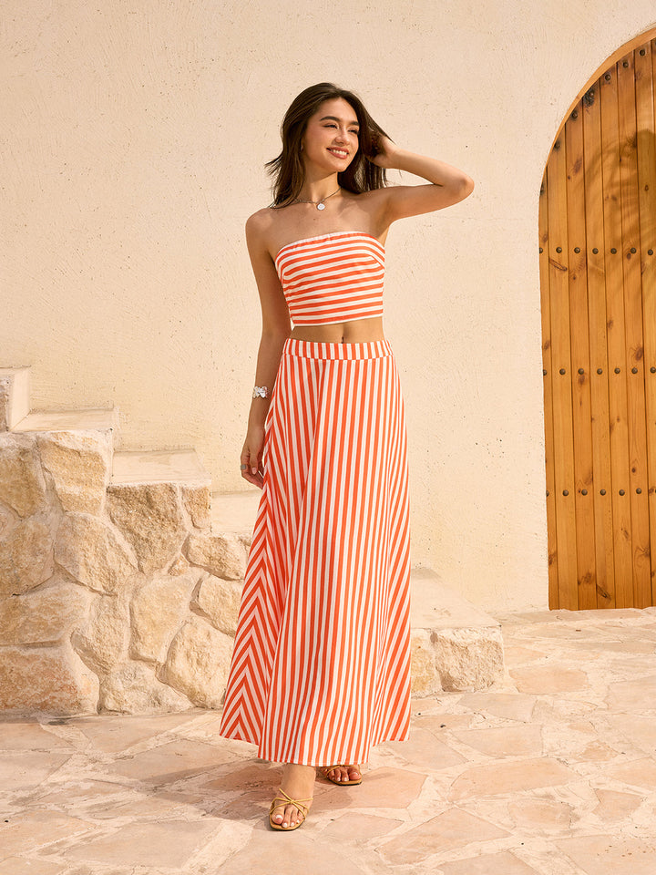 Striped Strapless Top and Maxi Skirt Set