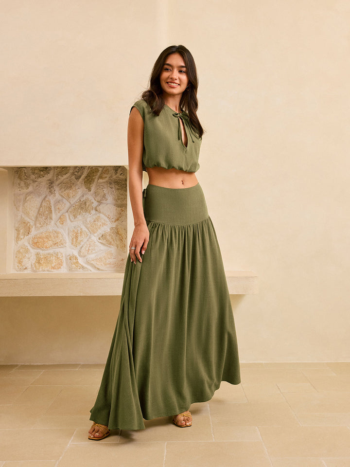 Tie-Detail Crop Top and Maxi Ruffled Skirt Set