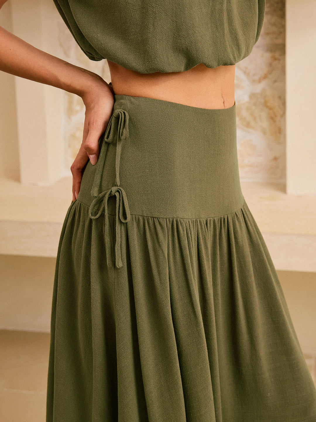 Tie-Detail Crop Top and Maxi Ruffled Skirt Set