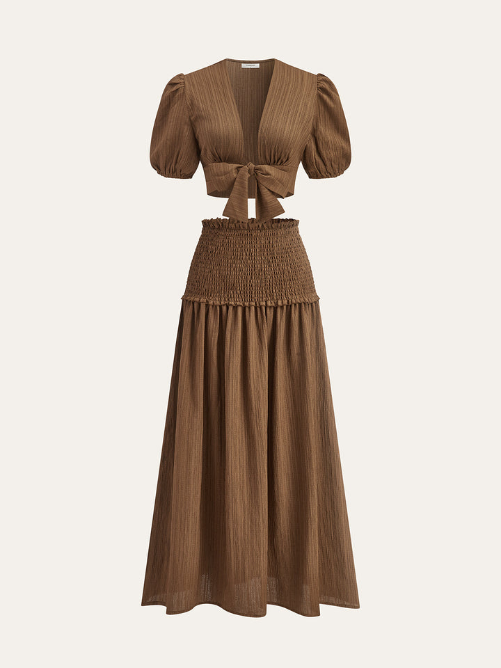 Puff-Sleeve Crop Top and Smocked-Waist Midi Skirt Set