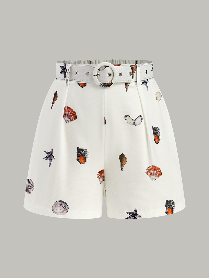 Belted Seashell Print Shorts Set