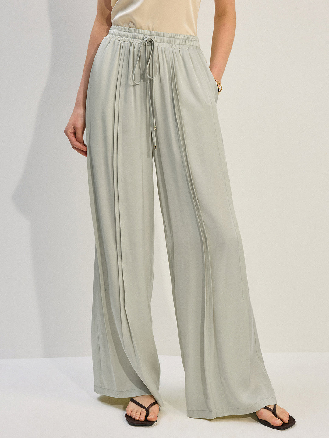 Tencel Rayon Satin Wide-Leg Pants with Pleats