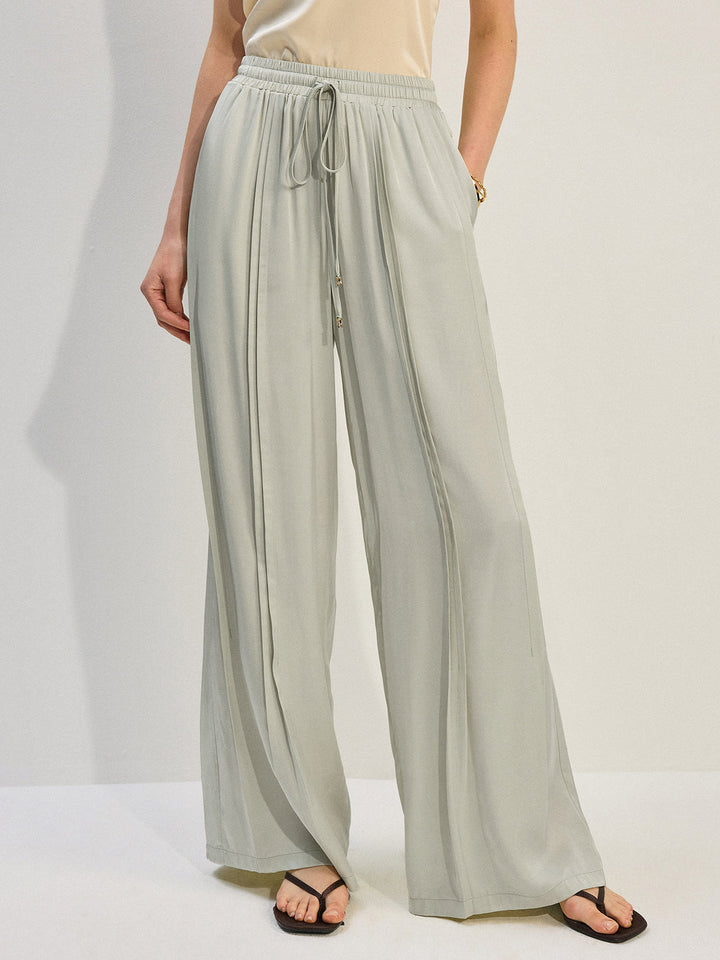Tencel Rayon Satin Wide-Leg Pants with Pleats