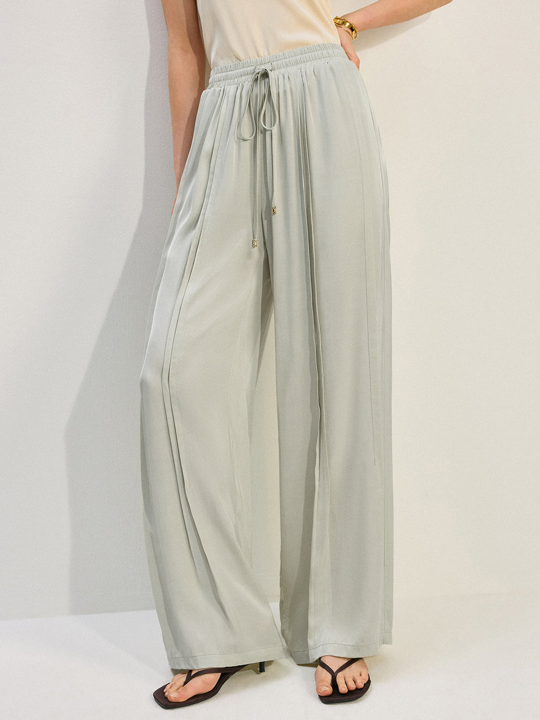 Tencel Rayon Satin Wide-Leg Pants with Pleats