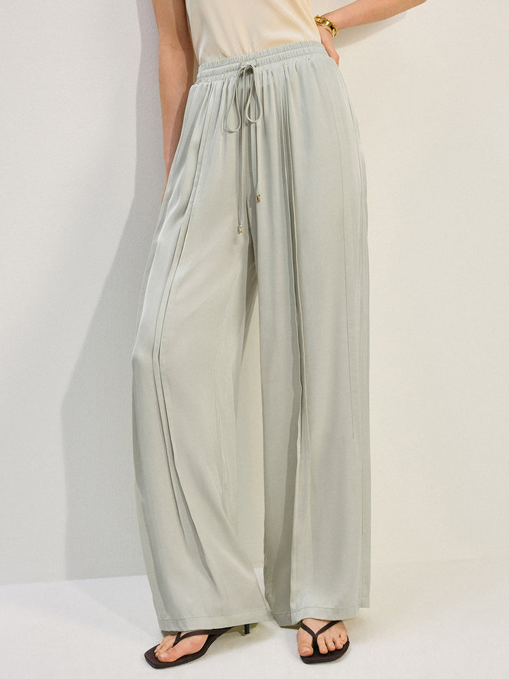 Tencel Rayon Satin Wide-Leg Pants with Pleats