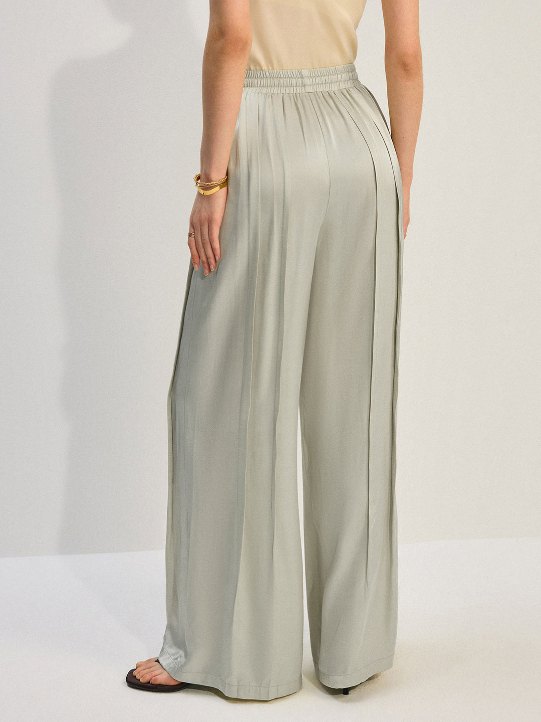 Tencel Rayon Satin Wide-Leg Pants with Pleats