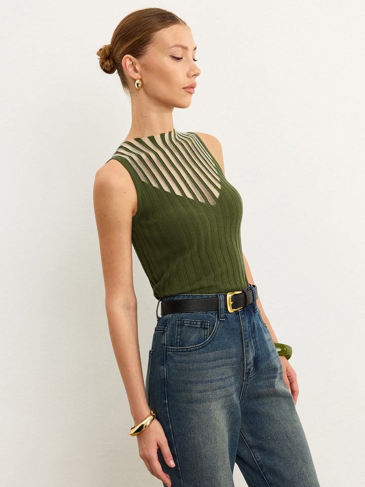 Sleeveless Top with Striped Sheer Detail