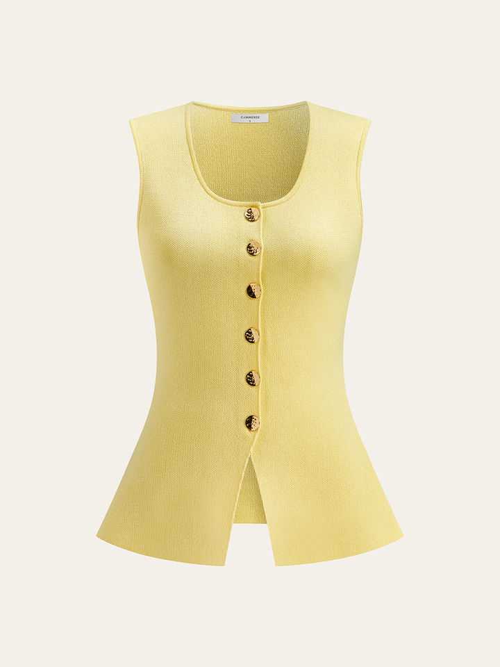 Sleeveless Square-Neck Buttoned Top With Split Hem